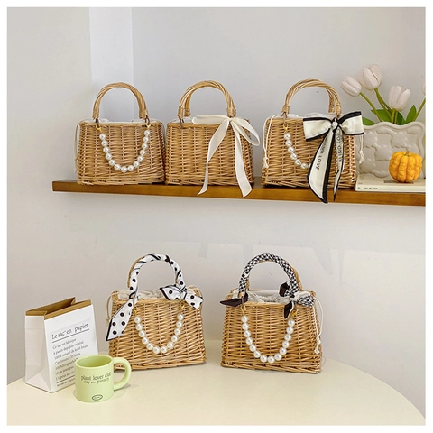 Women Straw Woven Handbag With Artificial Pearl Chain Handle And Satin Scarf Bow Vintage Summer Beach Vacation Bag