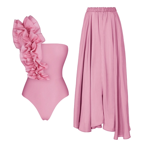 Bañador De Una Pieza Rosa Con Volantes Un Hombro Y Falda Larga Para Mujer Color Sólido Nailon Vacaciones Playa