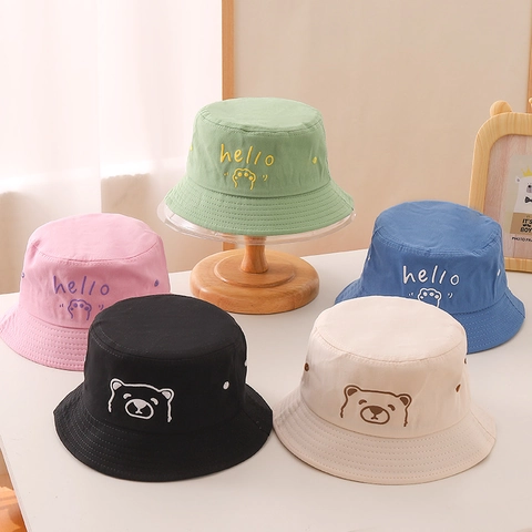 Cappello Alla Pescatora Bambini Cotone Protezione Solare Antivento Coulisse Cartone Animato Orso Hello Ricamo Cappello Esterno Ragazzi Ragazze