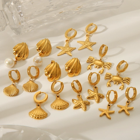 Orecchini in Acciaio Inossidabile a Tema Oceanico con Stella Marina Granchio Conchiglia per Donna Placcati in Oro