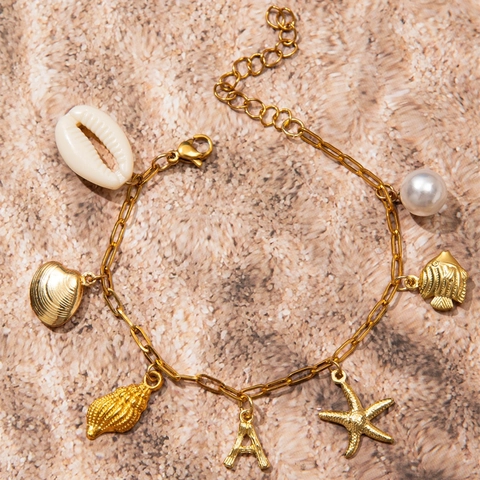 Ocean Style Stainless Steel Bracelet For Women Gold Plated Shell Starfish Artificial Pearl Initial Letter Adjustable Jewelry