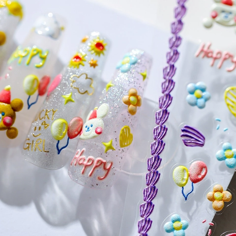 Autocollants Art Des Ongles Relief 3D Gaufré Dessin Animé Ours Lapin Motifs Fête D'anniversaire Auto-Adhésif Décoration Manucure