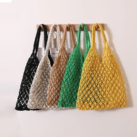 Women Woven Bag Handmade Cotton Rope Mesh Tote Hollow Out Summer Beach Shoulder Handbag Casual Bohemian Style