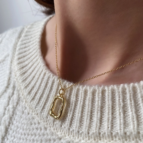 Irregular Rectangle Pendant Necklace 925 Sterling Silver Hammered Texture Minimalist Fashion Jewelry For Women