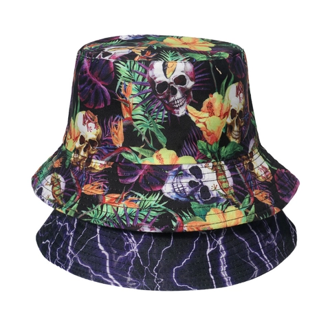 Punk Style Skull Print Lightning Pattern Bucket Hat Polyester Sun Protection Streetwear Hip Hop Unisex Basin Hat