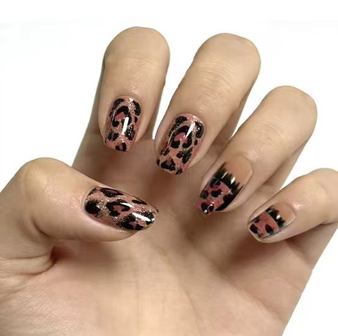 Leopard Print Press On Nagels Lang Coffin Roze Glitter Gradiënt French Kunstnagels Dames Met Lijm