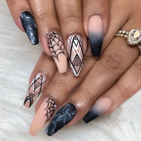 Halloween Telaraña Press On Nails Larga Forma Ataúd Negro Gótico Uñas Postizas Artificiales Con Decoración Strass