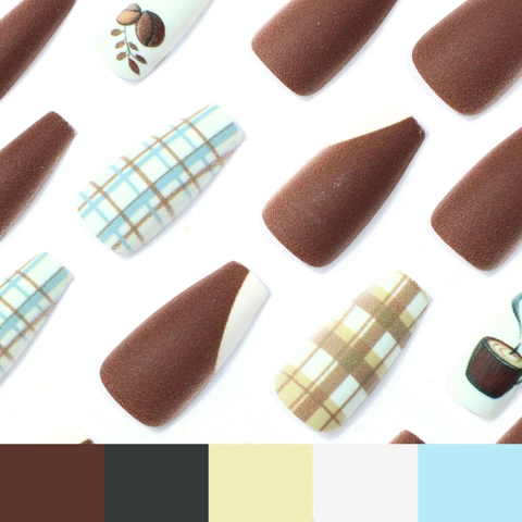 Press On Nails Long Coffin Matte Coffee Brown Plaid Design Coffee Art Artificial Fake Nails Fashionable Manicure For Women