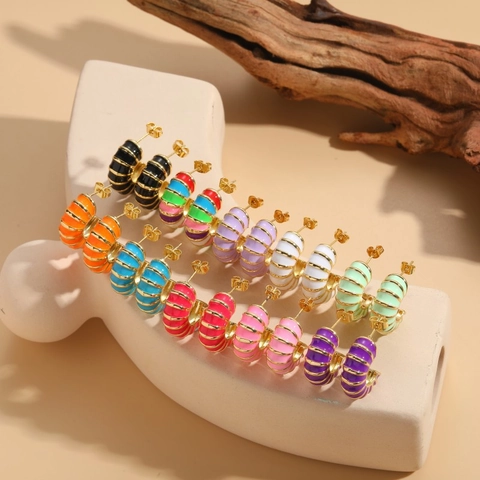 Enamel Hoop Earrings 14K Gold Plated Copper C-Shaped Ribbed Colorful Fashion Jewelry For Women
