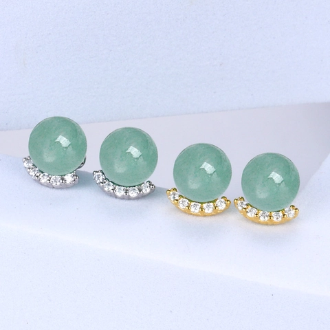 925 Sterling Silver Aventurine Jade Rhinestone Stud Earrings For Women Elegant Curved Geometric Gemstone Ear Jewelry Gift