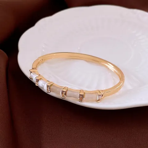 Elegant Copper Bangle Bracelet With Rectangle Cat Eye Stones And Zircon Bamboo Joint Design Luxury Jewelry For Women