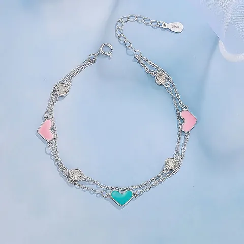 S925 Sterling Silver Double Layer Heart Bracelet Enamel Rhinestone Pink Blue Adjustable Chain Fashion Jewelry For Women
