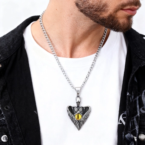 Gothic Punk Evil Eye Skull Angel Wings Pendant Necklace Stainless Steel Vintage Silver Color Jewelry For Men