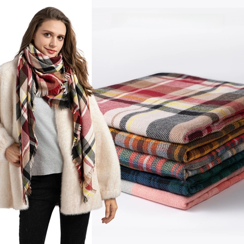 Winter Plaid Scarf Soft Warm Acrylic Tassel Large Square Shawl Wrap For Women Elegant Casual Cold Weather Neck Accessory
