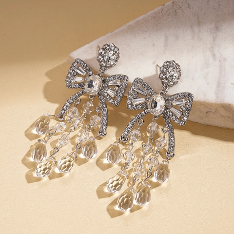 Orecchini Pendenti Con Fiocco E Nappe Con Perno In Argento Lega Vetro Strass Goccia D'acqua Gioielli Eleganti