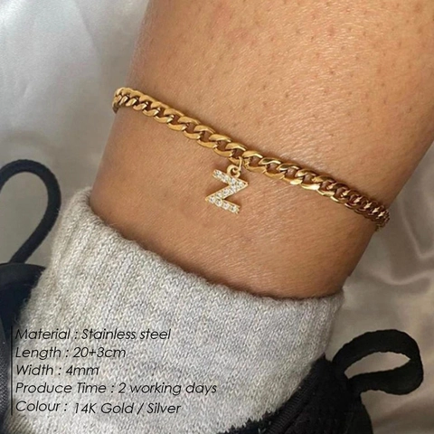 Chaîne de Cheville Maille Gourmette en Acier Inoxydable pour Femme Pendentif Lettre Majuscule en Strass Bijoux de Plage