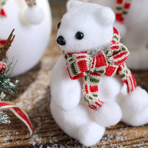Christmas Snowman Polar Bear Figurines Flocked Foam Ornaments Plaid Fabric Winter Desktop Holiday Decoration Festive Gift