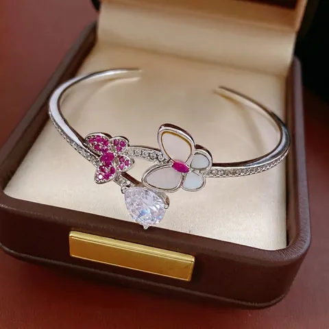 Bracelet Jonc Papillon Zircon Rose Nacre Cuivre Réglable Ouvert Goutte Deau Élégant Pour Femme