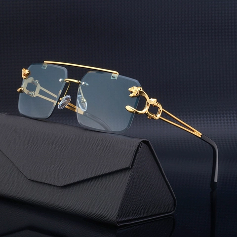 Luxury Rimless Square Sunglasses Fashion Metal Frame Panther Head Gradient Lens UV400 Eyewear For Men Women Outdoor Shades