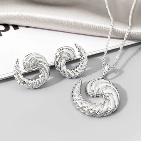 French Vintage Copper Twisted Spiral Pendant Necklace Earring Set Gold Platinum Plated Middle Eastern Jewelry Set For Women
