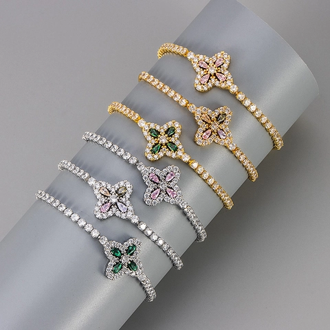 Zircon Four Leaf Clover Adjustable Bolo Bracelet Copper Rhombus Flower Fashion Jewelry For Women