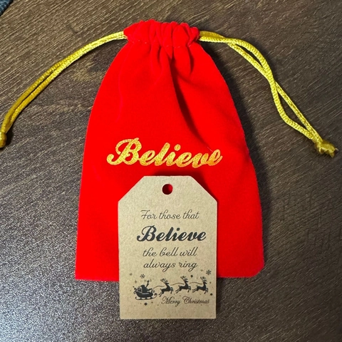 Christmas Metal Believe Bell Hanging Ornaments With Red Velvet Drawstring Bags And Kraft Paper Tags Tree Decorations
