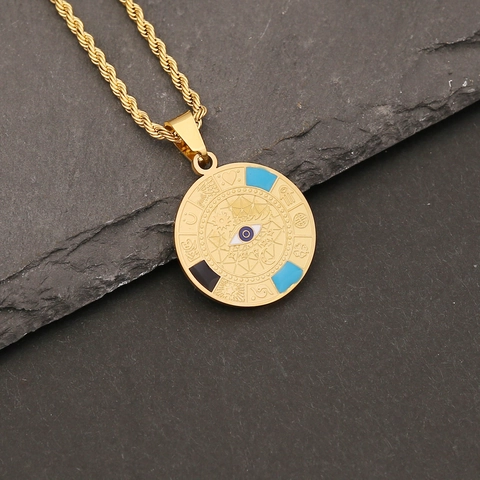 Collar Colgante Acero Inoxidable Mal De Ojo Moneda Redonda Esmalte Chapado En Oro Joyería Minimalista Estética Mujer