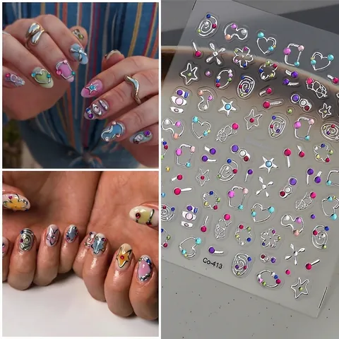 Nagelsticker 3D Geprägt Edelstein Design Selbstklebend Bunte Strasssteine Stern Herz Blumen Muster Abziehbilder