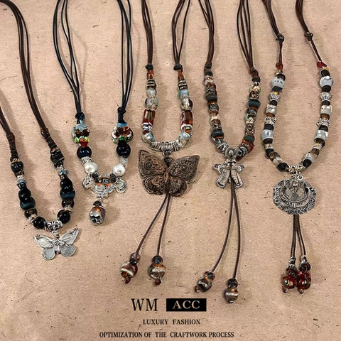 Schmetterling Anhänger Halskette Mit Legierung Keramik Holzperlen Gewebte Seilkette Ethnischer Vintage Schmuck Für Damen