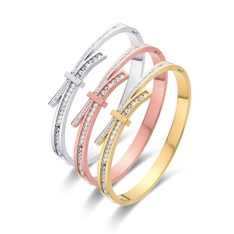 Bracciale Rigido in Acciaio Inossidabile con Fiocco e Strass Gioielli alla Moda per Donna Bracciale a Polsino Geometrico Intarsiato