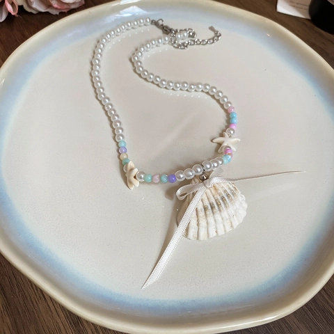 Bohemia Muschel Seestern Anhänger Halskette Künstliche Perlen Wachsseil Sommer Strand Urlaub Schmuck Für Frauen