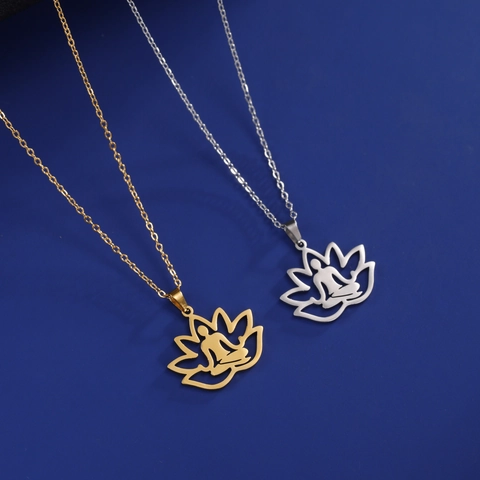 Collar Con Colgante De Flor De Loto De Acero Inoxidable Silueta De Meditación Yoga Hueco Zen Joyería Espiritual Para Mujeres