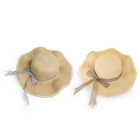 Cappello Da Sole Donna Paglia Di Carta Tesa Larga Bordo Ondulato Nastro Pizzo Fiocco Estate Spiaggia Protezione Solare Elegante Plegabile
