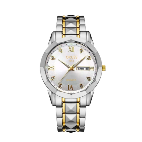 Men Quartz Watch Stainless Steel Strap Waterproof Dual Calendar Date Week Rhinestone Dial Business Casual