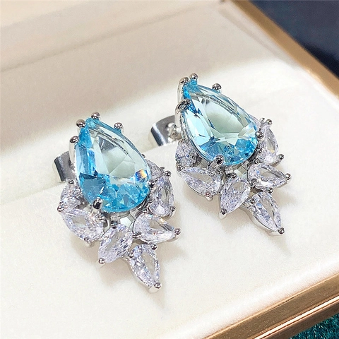 Elegant Pear Shaped Zirconia Stud Earrings Copper Floral Cluster Water Drop Jewelry For Women Luxury Gift
