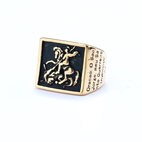 Stainless Steel Saint George Slaying Dragon Signet Ring Retro Knight Motif Religious Prayer Men Jewelry Accessories