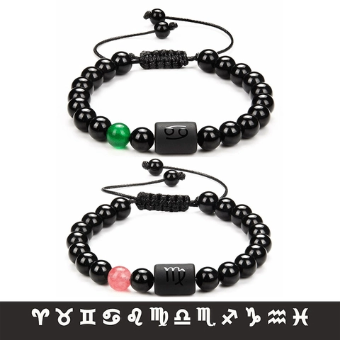 Pulsera De Cuentas De 12 Signos Del Zodiaco Ágata Negra Natural Piedra Obsidiana Cordón Tejido Ajustable Símbolo Constelación