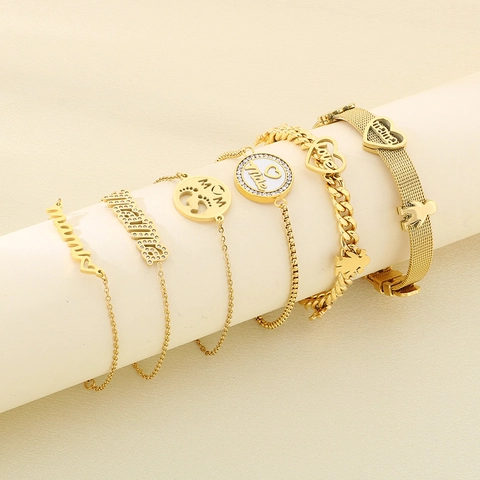 Bracelets En Acier Inoxydable Plaqué Or Lettre Mama Avec Pendentif Coeur Strass Cadeau Fête Des Mères Bijoux Femmes