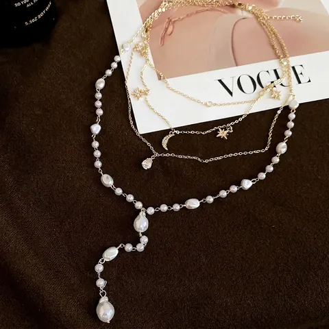 Mehrlagige Halskette Legierung Imitationsperle Strass Stern Mond Anhänger Elegant Vintage Stil Damen