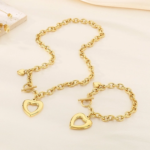 Bijoux Collier Et Bracelet En Acier Inoxydable Avec Pendentif Coeur Évidé Et Fermoir OT Pour Femme Chic