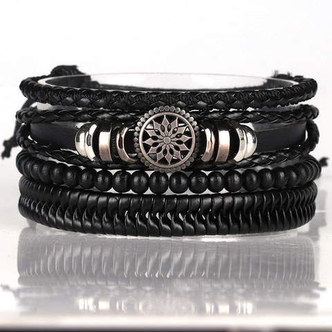 Men Braided Bracelet Cowhide Leather Alloy Metal Sun Charm Wood Beads Adjustable Cord Retro Punk Jewelry
