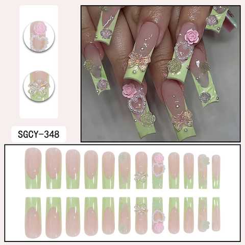 Press On Nails Coffin Long French Green Camellia Flower Artificial Pearl Heart Bow 3D Dekorativ Süß Romantisch Für Damen