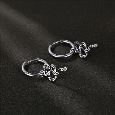 Stainless Steel Snake Pendant Hoop Earrings With Zirconia Gothic Punk Vintage Animal Design Jewelry For Men Women