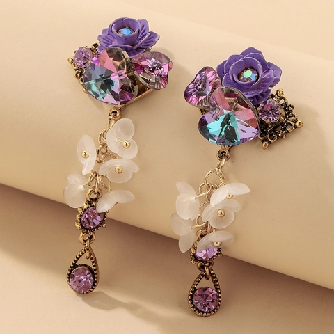 Violette Blumen Herz Kristall Hänger Mit 925 Sterling Silber Ohrstecker Vintage Harz Blütenblatt Schmuck Für Damen