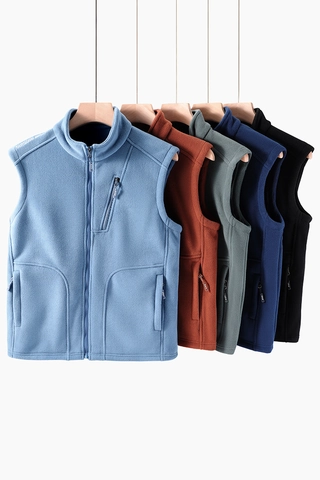 Men Fleece Vest Stand Collar Full Zip Sleeveless Jacket Outdoor Sport Casual Warm Thermal Multi Pocket Outerwear