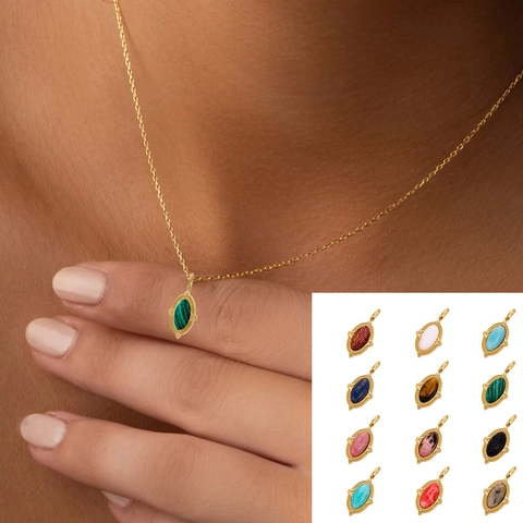 Oval Natural Stone Pendant Necklace Stainless Steel Gold Plated Retro Elegant DIY Jewelry For Women