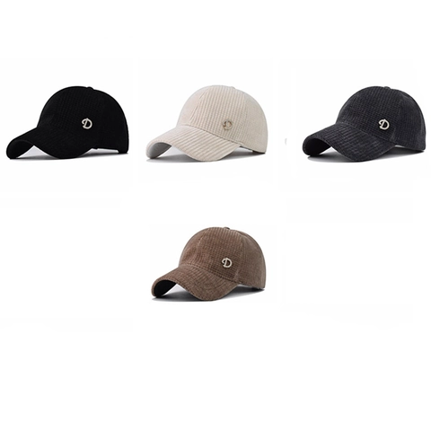 Corduroy Baseball Cap With Rhinestone Alloy Letter D Adjustable Solid Color Vintage Peaked Hat