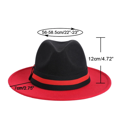 Cappello Fedora Bicolore Lana Tesa Larga Jazz Nero Rosso Fascia Rigata Stile Britannico Elegante Festa