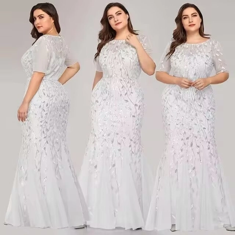 Sequined Evening Dress Women Leaf Pattern Mesh Mermaid Gown Short Sleeve Slim Fit Formal Party Banquet Wedding Prom