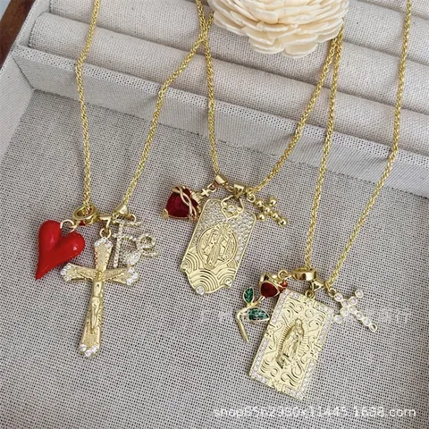 18K Gold Galvanisiert Kupfer Halskette Mit Zirkonia Herz Kreuz Jungfrau Maria Religiös Anhänger Mode Schmuck Für Herren Damen